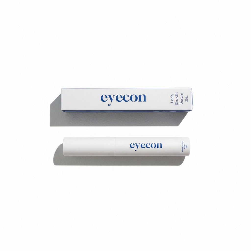 Eyecon lash growth serum with packaging for enhancing lash length and thickness