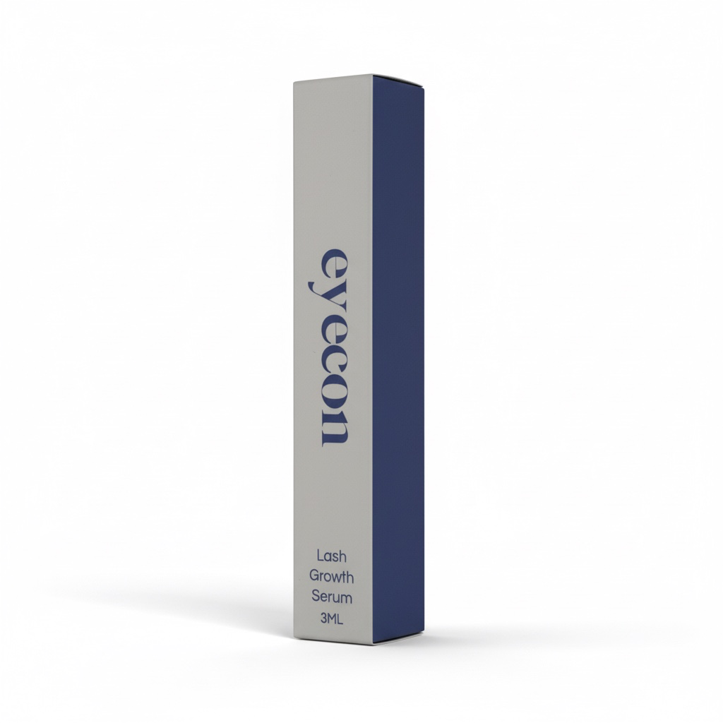 Eyecon lash growth serum packaging in minimal clean setting