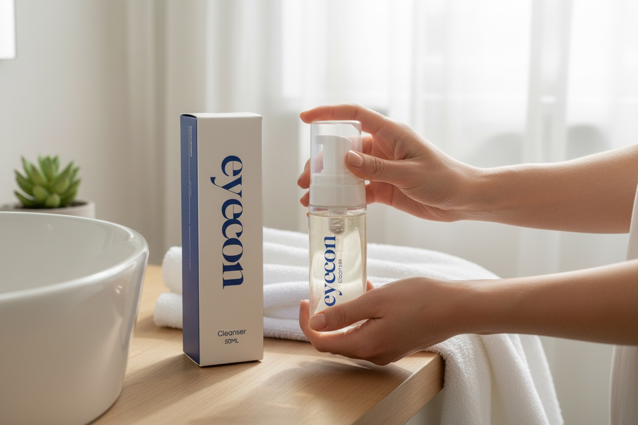 Using Eyecon lash cleanser foam in bathroom for gentle eyelash extension cleaning