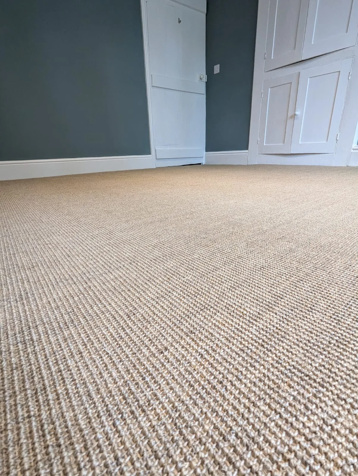 View of a beige textured carpeted floor in a room with gray walls and white doors.