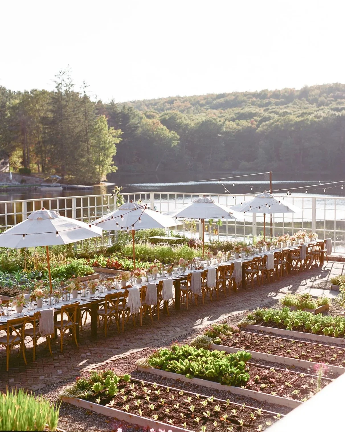 Outdoor dining setup with a long table, white umbrellas, floral centerpieces, and string lights overlooking a river with trees and hills in the background.
