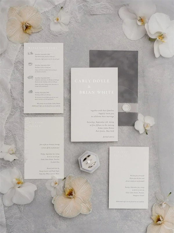 Wedding invitation suite with white and gray cards, surrounded by white orchid flowers and lace fabric.