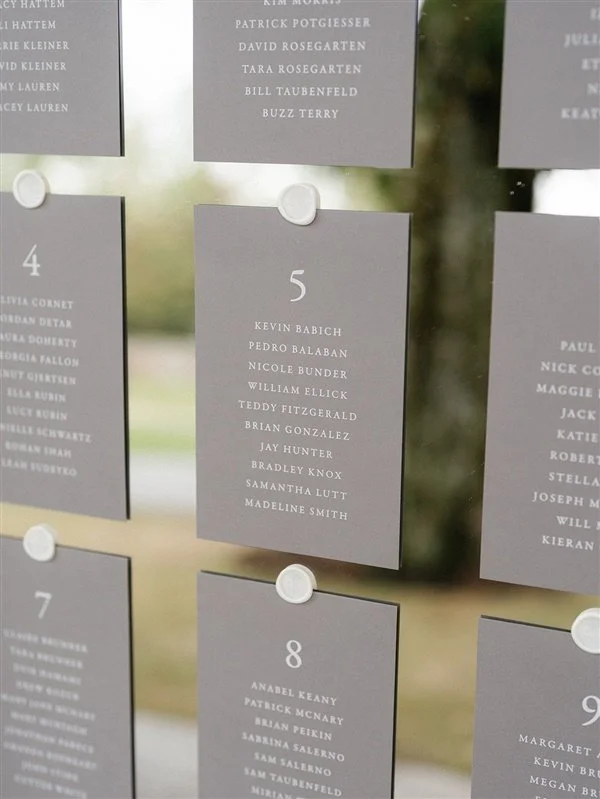 Display of gray cards with white text, each card listing names in a numbered sequence, held on a transparent surface with white clips, with a blurred background of greenery.