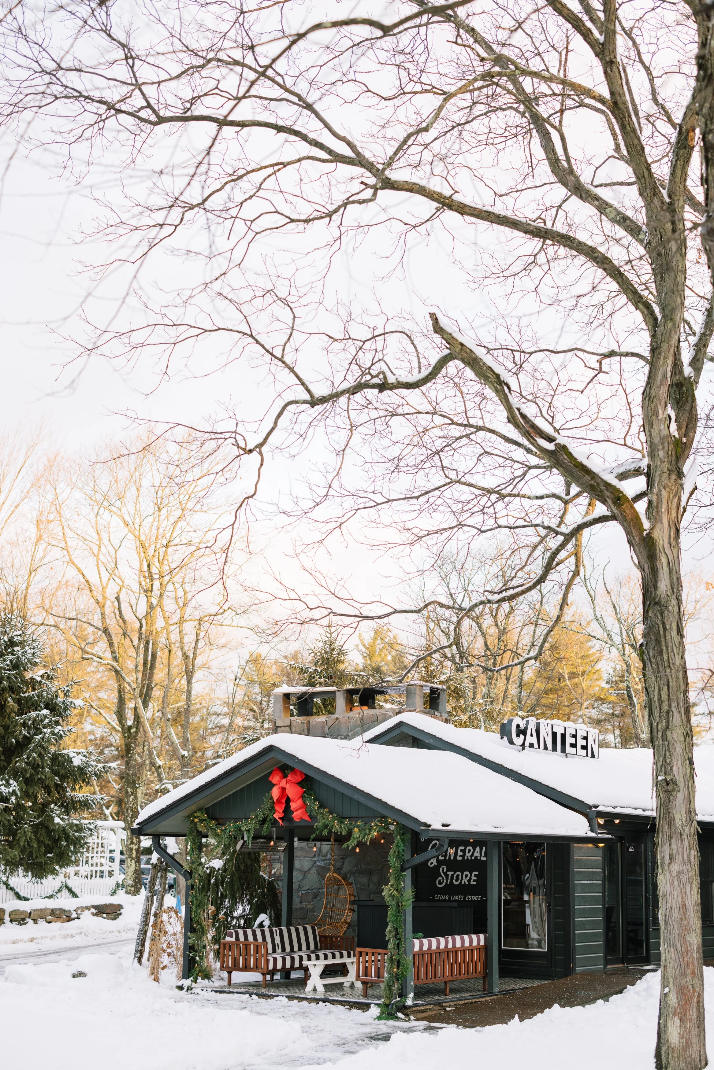 A snow-covered building labeled 'CANTEEN' with Christmas decorations, including a red bow and greenery, in a winter landscape with snow, trees, and a large leafless tree in the foreground.