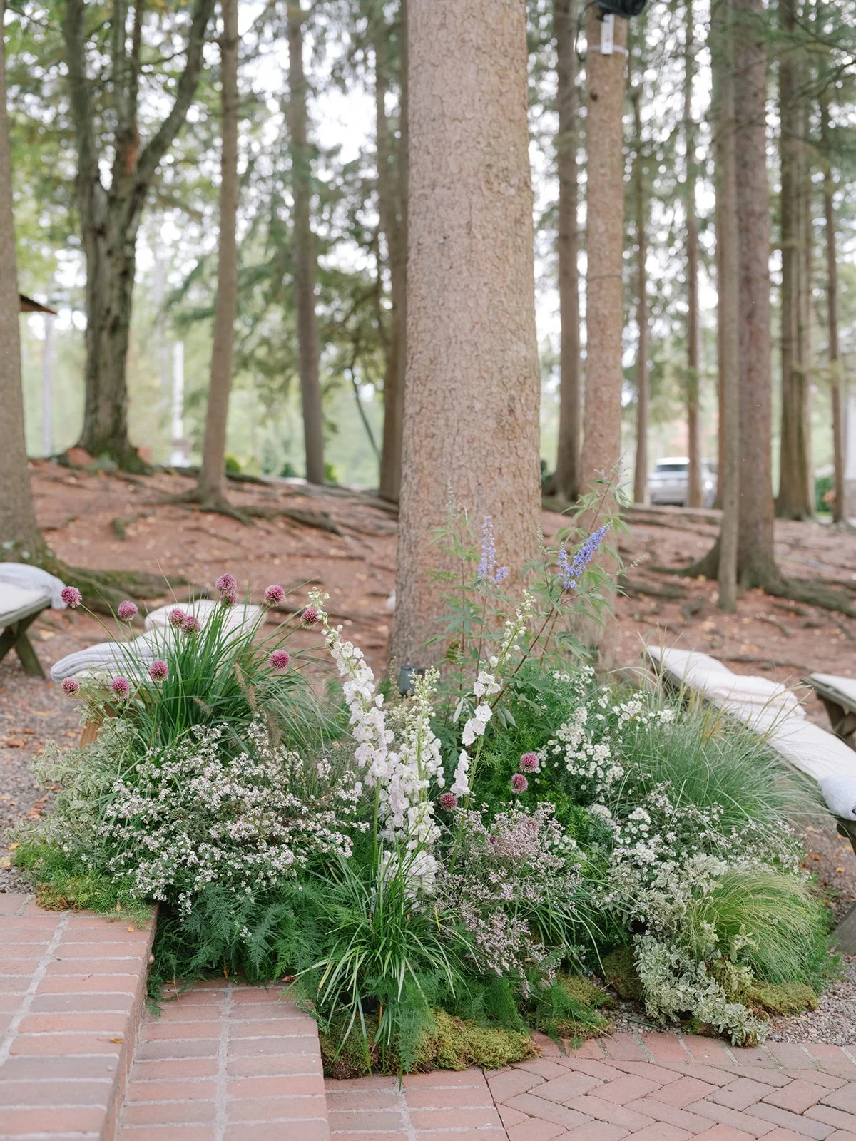 A flower garden with various white, purple, and green plants near trees and a brick walkway.