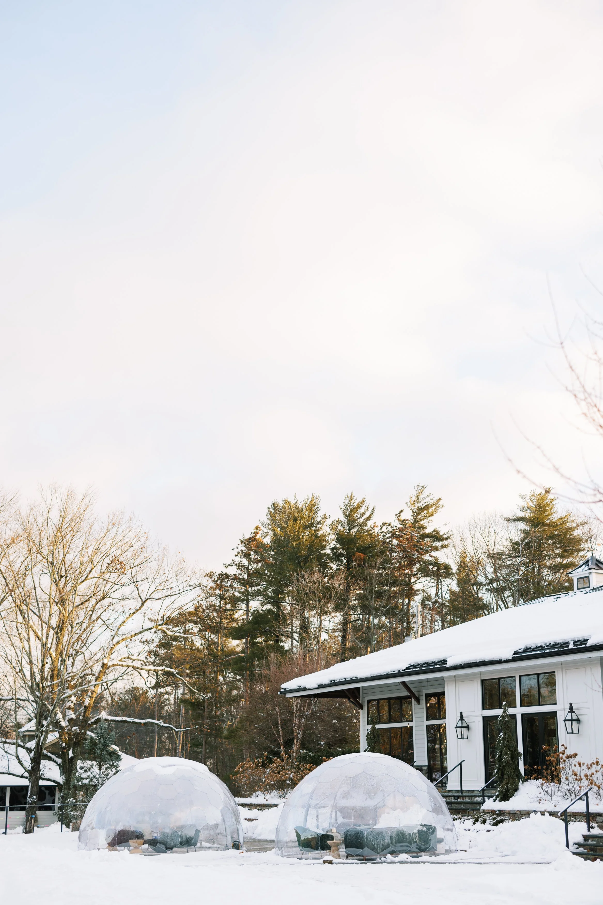 Two glass igloos with chairs inside set up outside on snow next to a white building with large windows and outdoor lighting fixtures, surrounded by snowy trees.