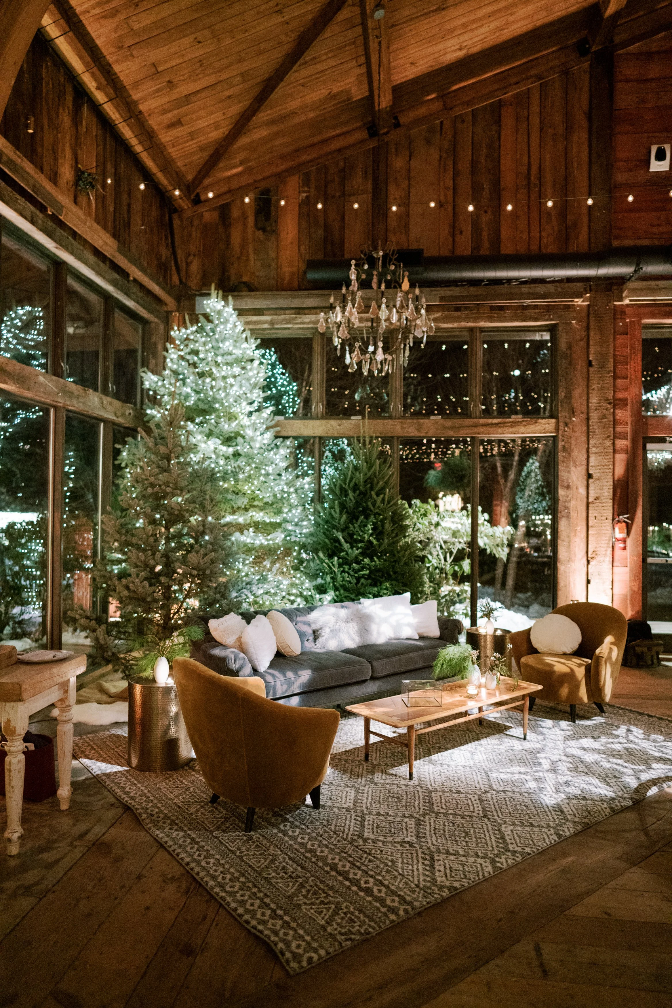 A cozy living room decorated for Christmas with illuminated Christmas trees, a chandelier, and warm lighting, featuring a sofa, armchairs, a wooden coffee table, and a patterned rug.