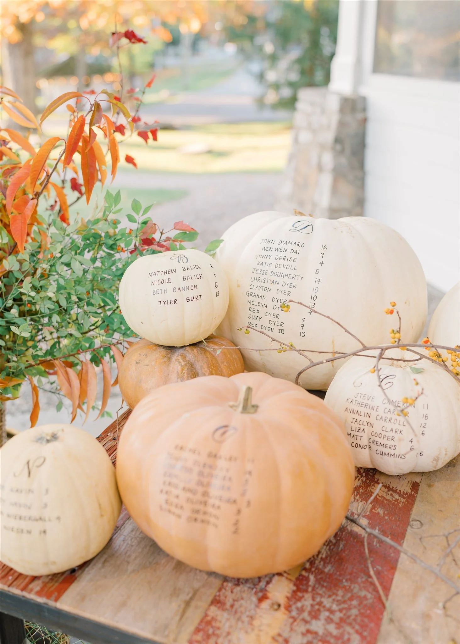 Decorative white and orange pumpkins with handwritten names and numbers on them, placed on a rustic table outdoors, with fall foliage in the background.