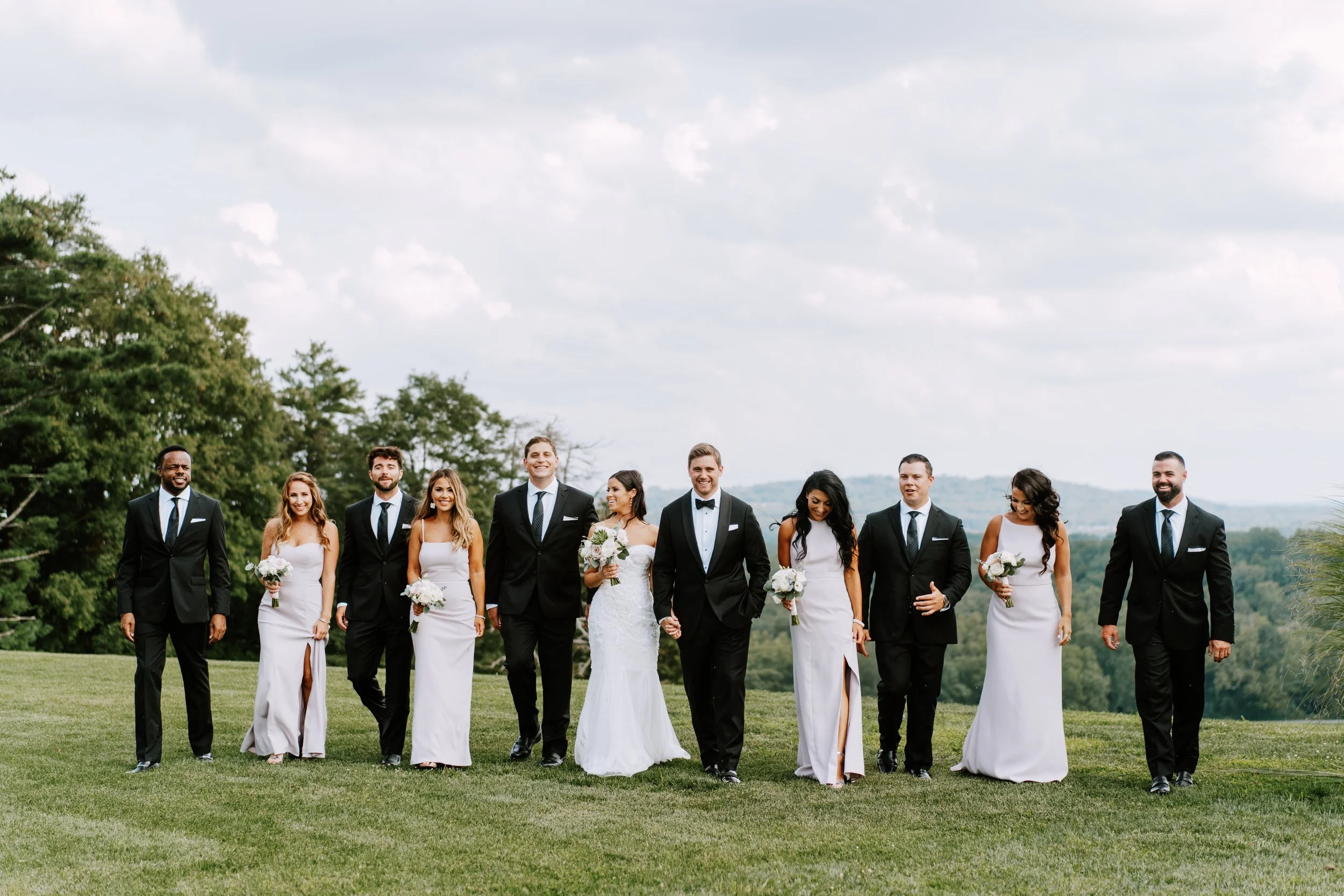 Bride and groom with wedding party, outdoors on grass, with trees and cloudy sky in background.