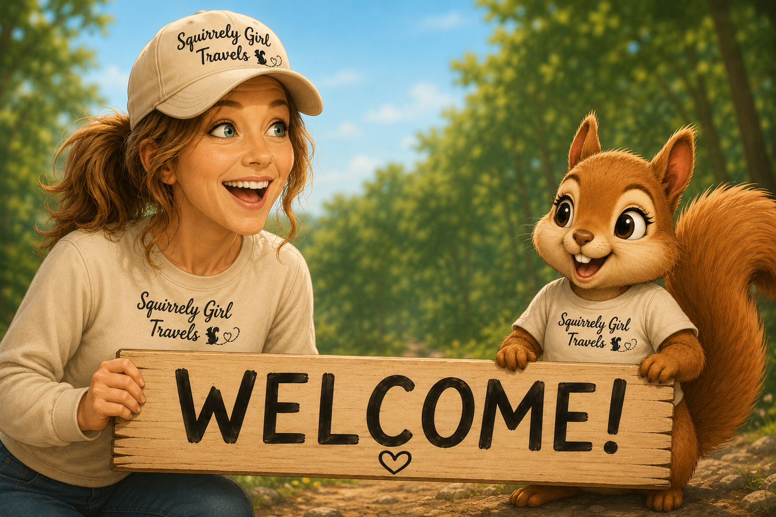 A woman and an animated squirrel wearing matching shirts and a hat, holding a wooden sign that says 'WELCOME!' outdoors with trees and blue sky in the background.