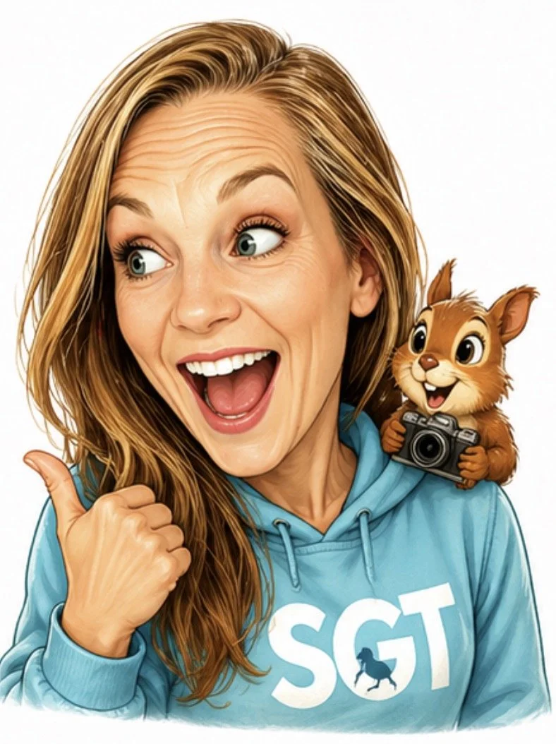 A woman with long, wavy blonde hair wearing a blue hoodie with 'SGT' written on it, giving a thumbs up and smiling with her mouth open. She has a small animated cartoon squirrel with big eyes and a camera around its neck sitting on her shoulder, also smiling.