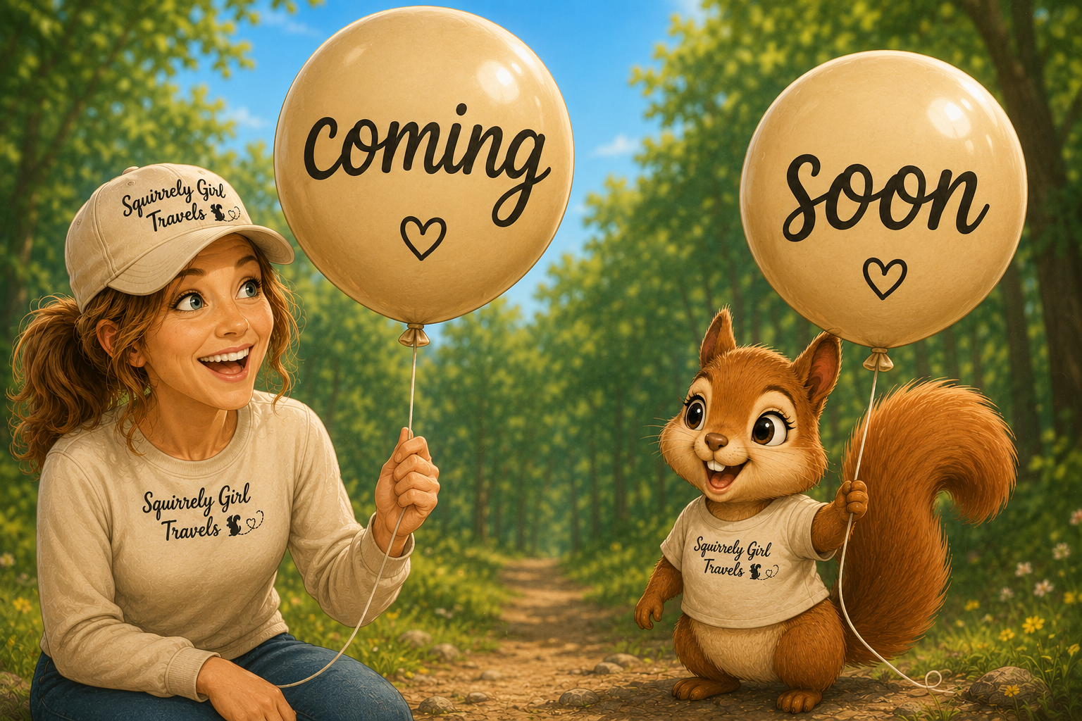 A woman and a squirrel holding balloons in a forest setting. The woman wears a beige cap and a sweatshirt that reads 'Squirrel Girl Travels.' They are holding balloons that say 'coming' and 'soon.'