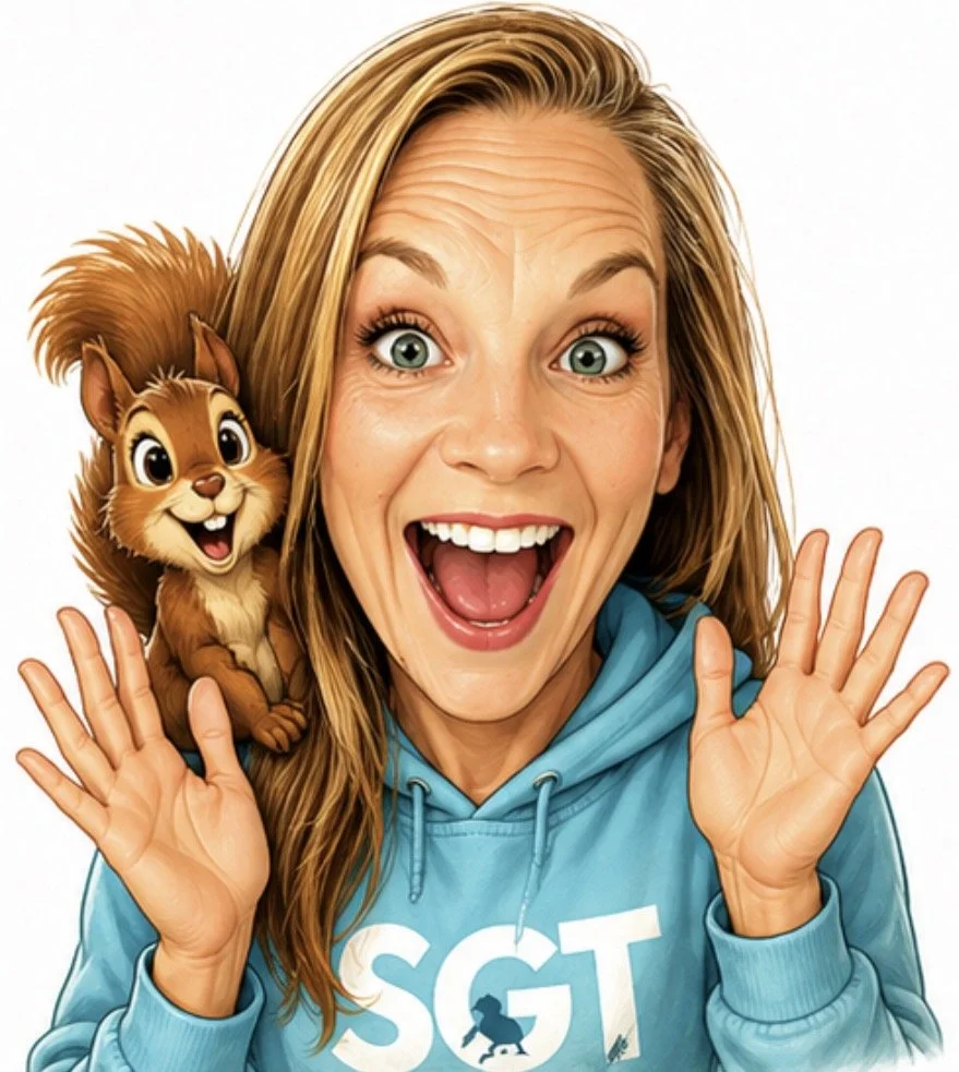 A woman with long blonde hair wearing a blue hoodie with 'SGT' on it, smiling with her mouth open and hands raised, with a cartoon squirrel standing on her shoulder.