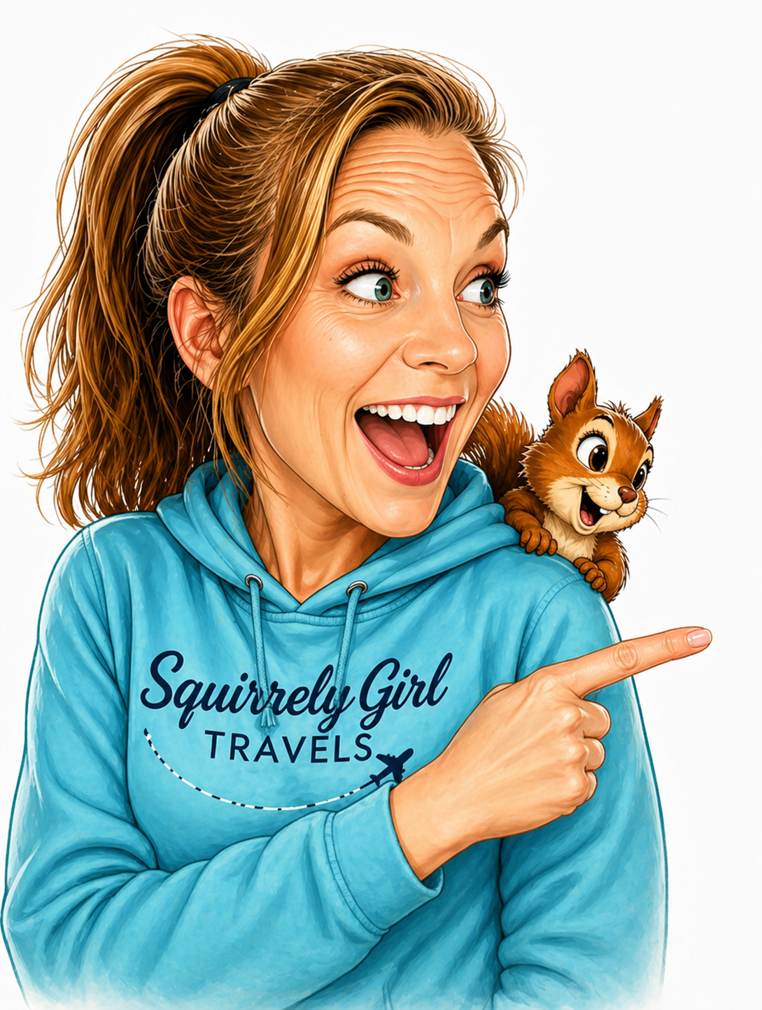 A cheerful young woman with brown hair in a ponytail, wearing a blue hoodie that says 'Squirrely Girl Travels', smiling and pointing to her right while a small animated squirrel sits on her shoulder, also smiling.