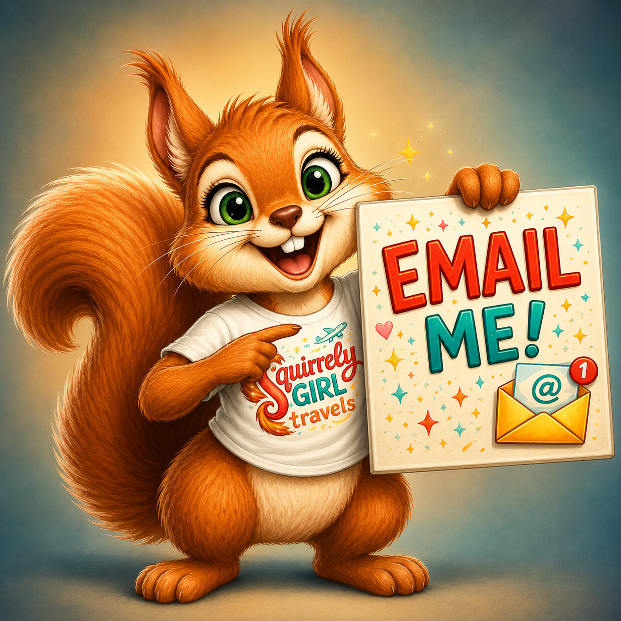 A cute animated squirrel holding a sign that says 'Email Me!' with a notification icon, wearing a white t-shirt that reads 'Squirrel Girl Travels' and smiling cheerfully.