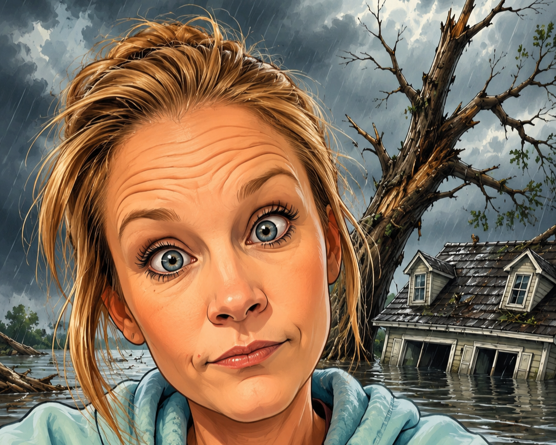 A woman with blonde hair and blue eyes making a puzzled expression. In the background, there is a flooded area with a partially submerged house and a large, leafless tree with stormy skies.
