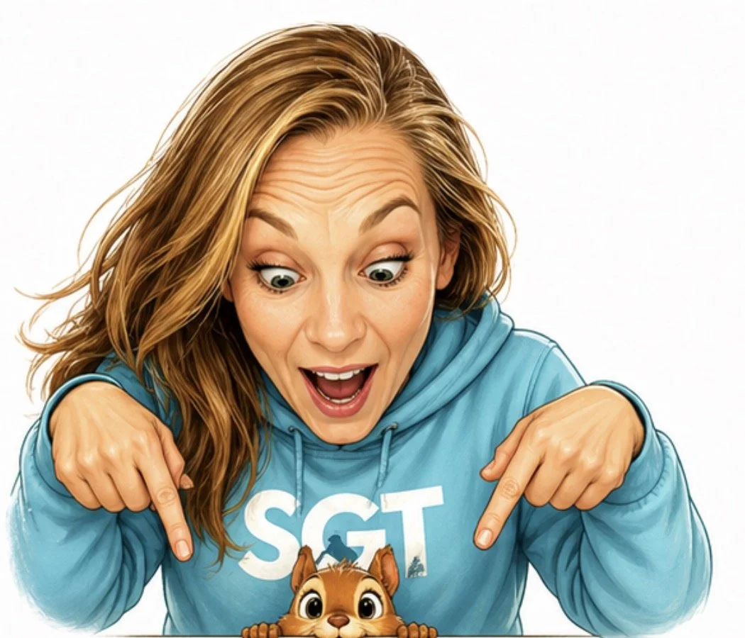 A woman with excited expression wearing a blue hoodie pointing at a small cartoon squirrel in front of her.