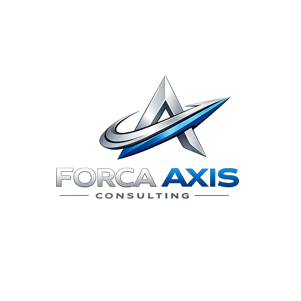 Logo for Forca Axis Consulting featuring a stylized silver and blue star with a swoosh around it.