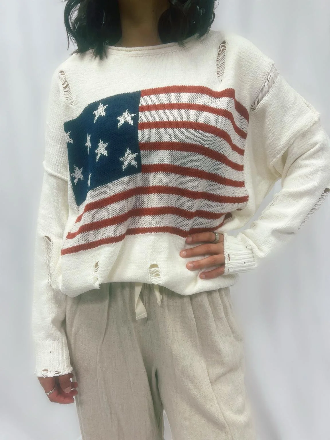 Cream Distressed American Flag Sweater