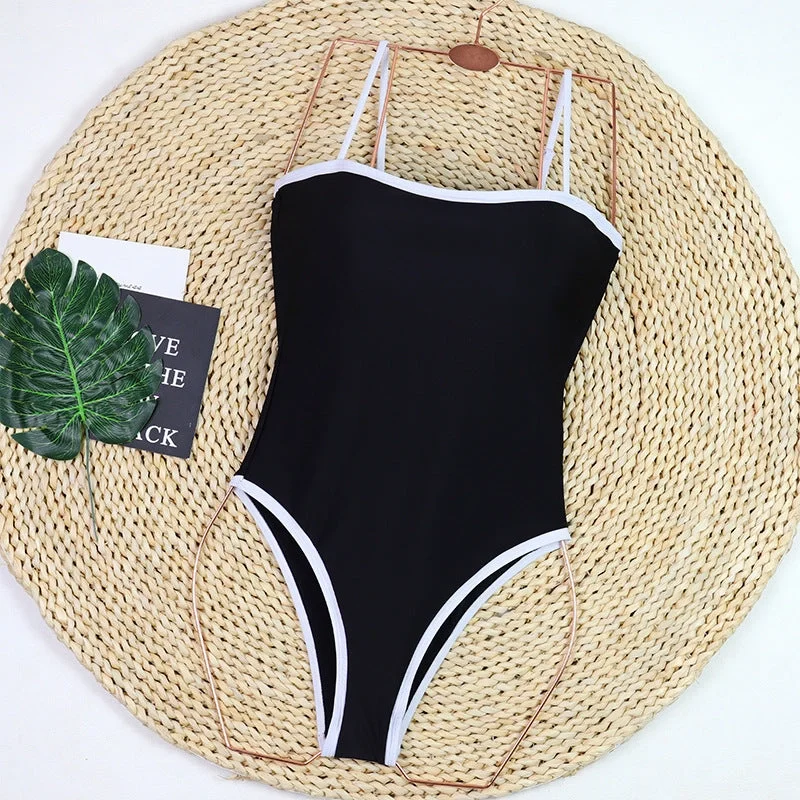 Black Color Block One Piece Swimsuit