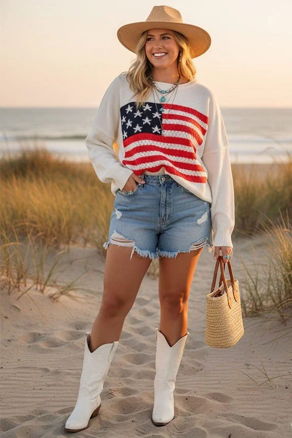 Cream American Flag Sweater ( Plus Size)