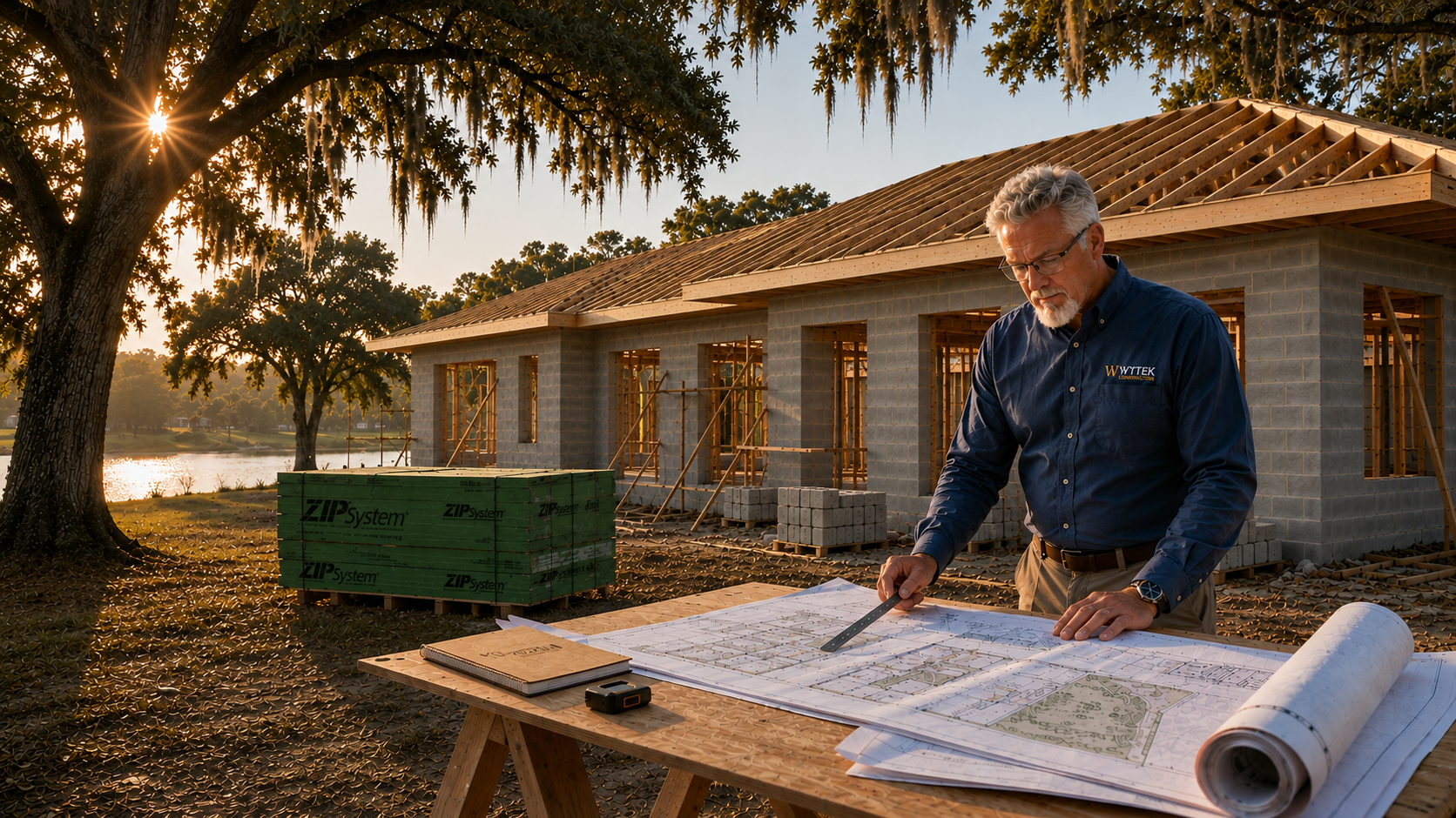 Custom home builder reviewing architectural plans at a Florida homesite during construction.