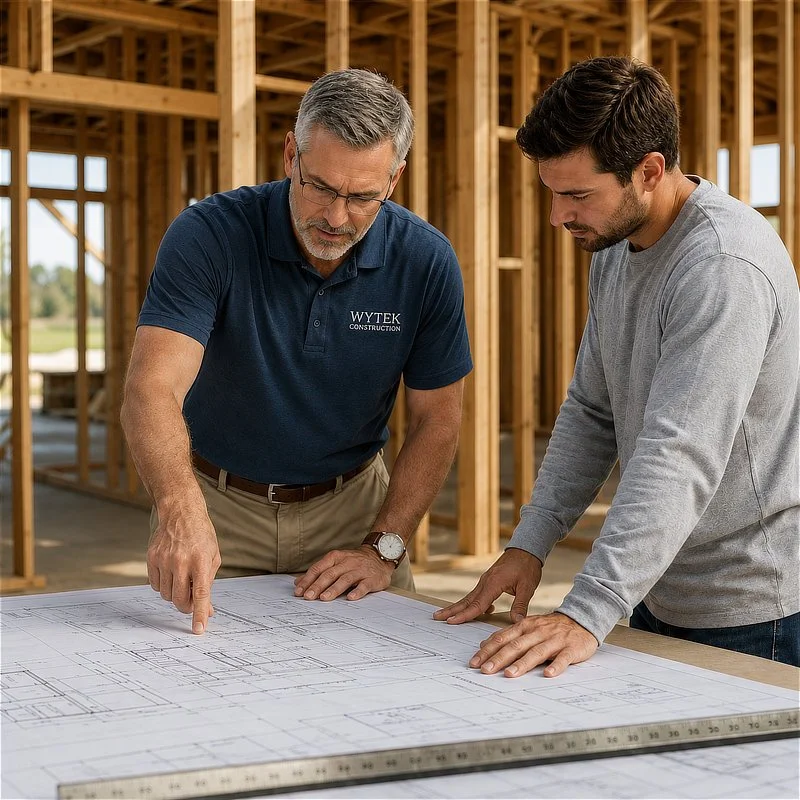 Wytek builder reviewing construction plans with a client during framing.