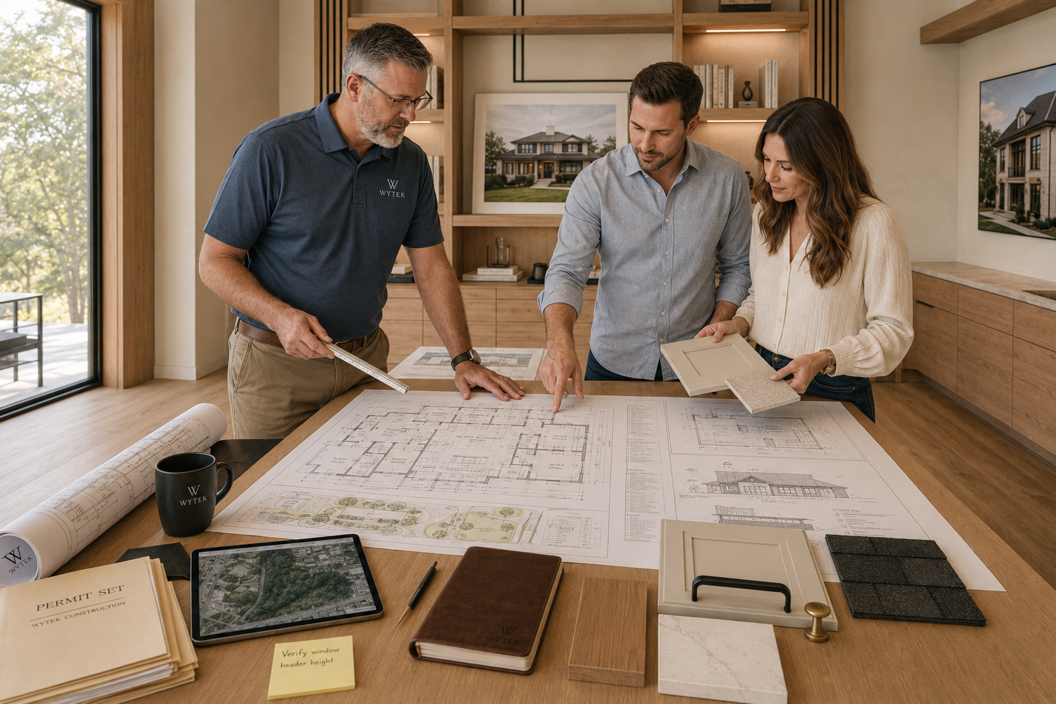Builder and clients reviewing architectural plans and material selections during custom home design development.