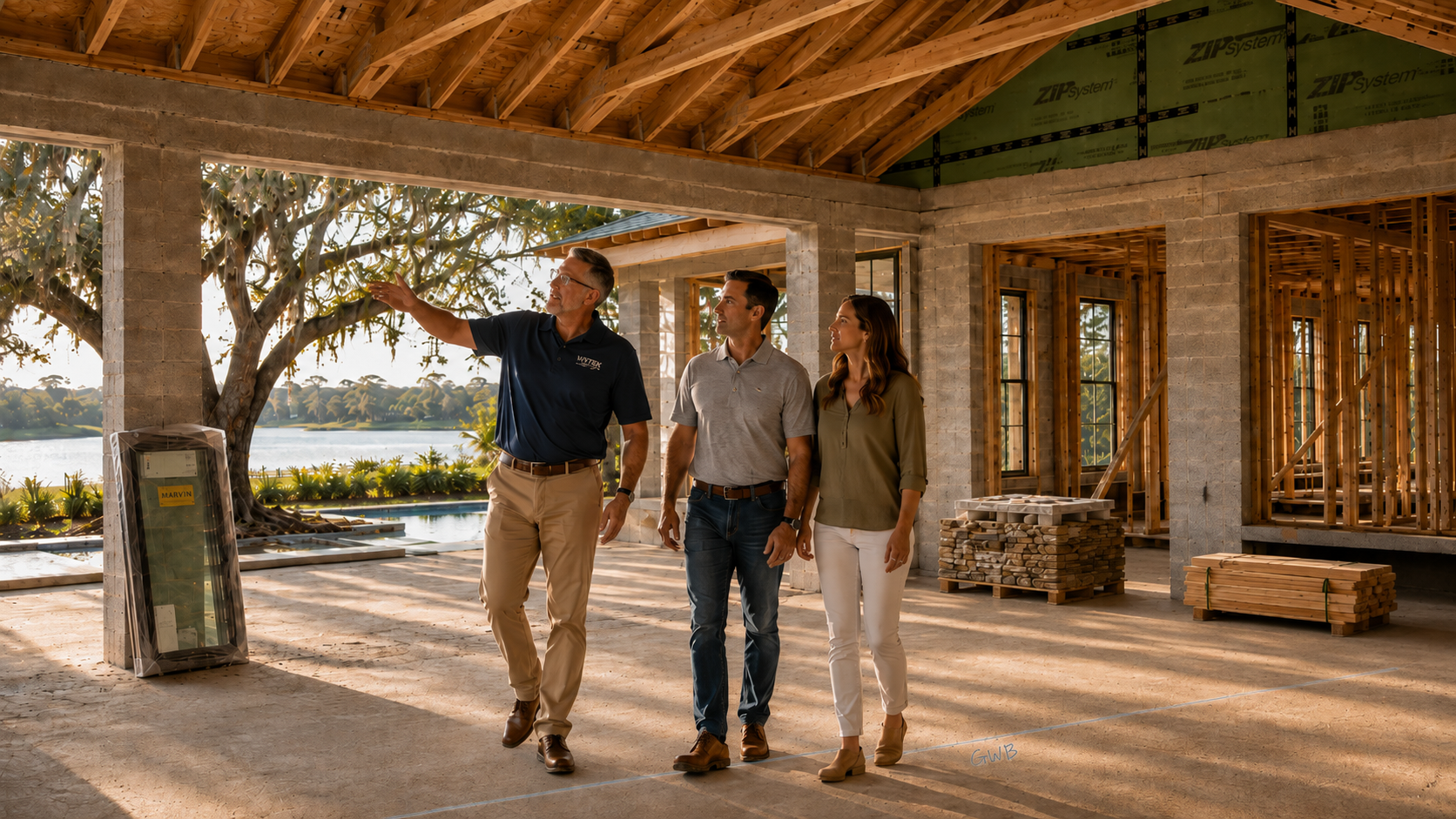 Builder walking clients through their custom home during the framing stage of construction.