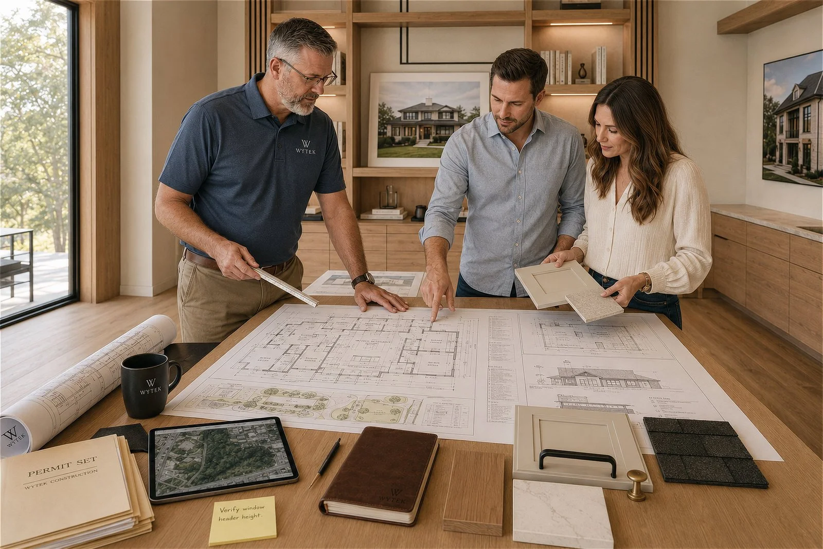 Builder and clients reviewing architectural plans and material selections during custom home design development.