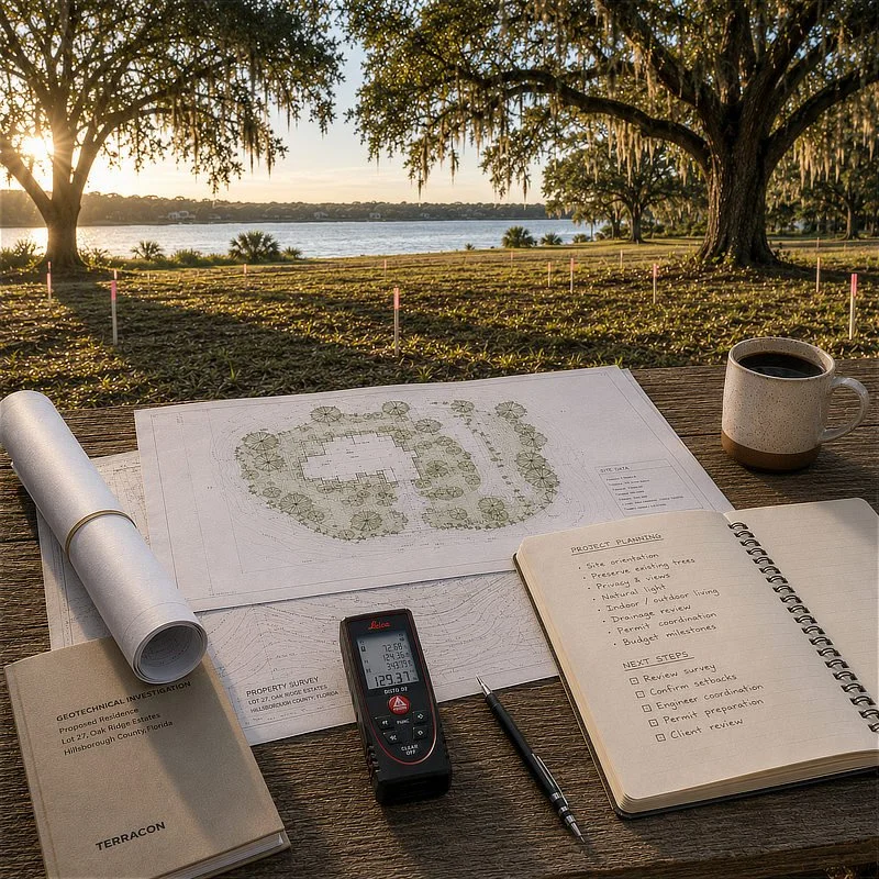 Architectural plans and site planning materials prepared for a custom home on a Florida waterfront property.