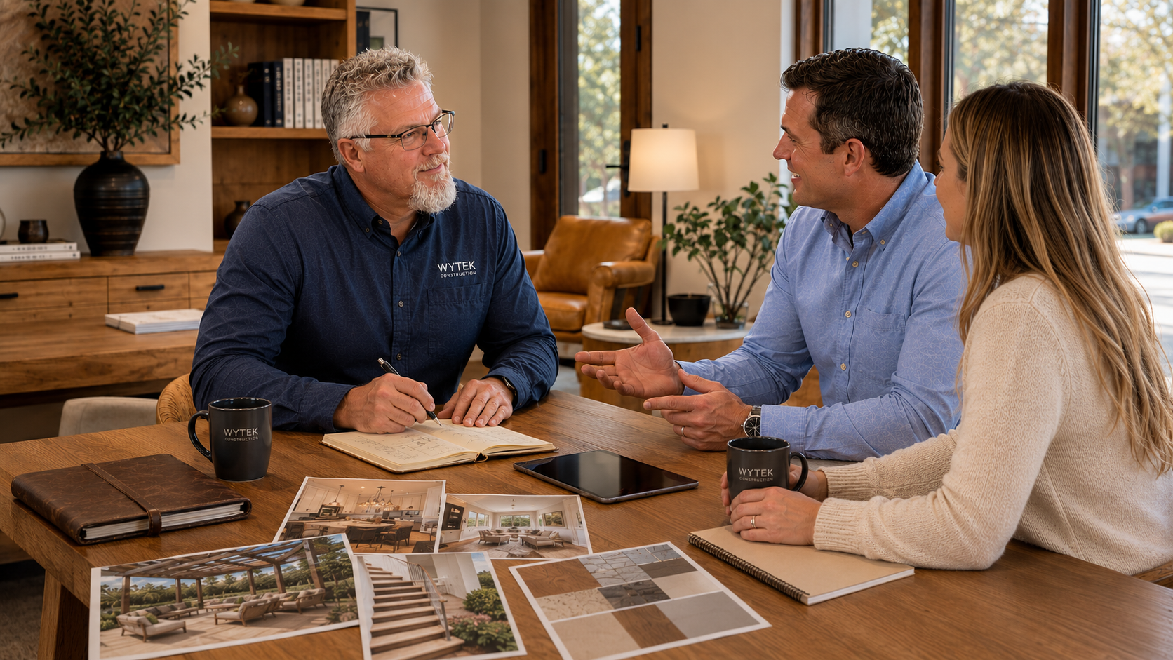 Builder meeting with clients to discuss their ideas and goals for a custom home.
