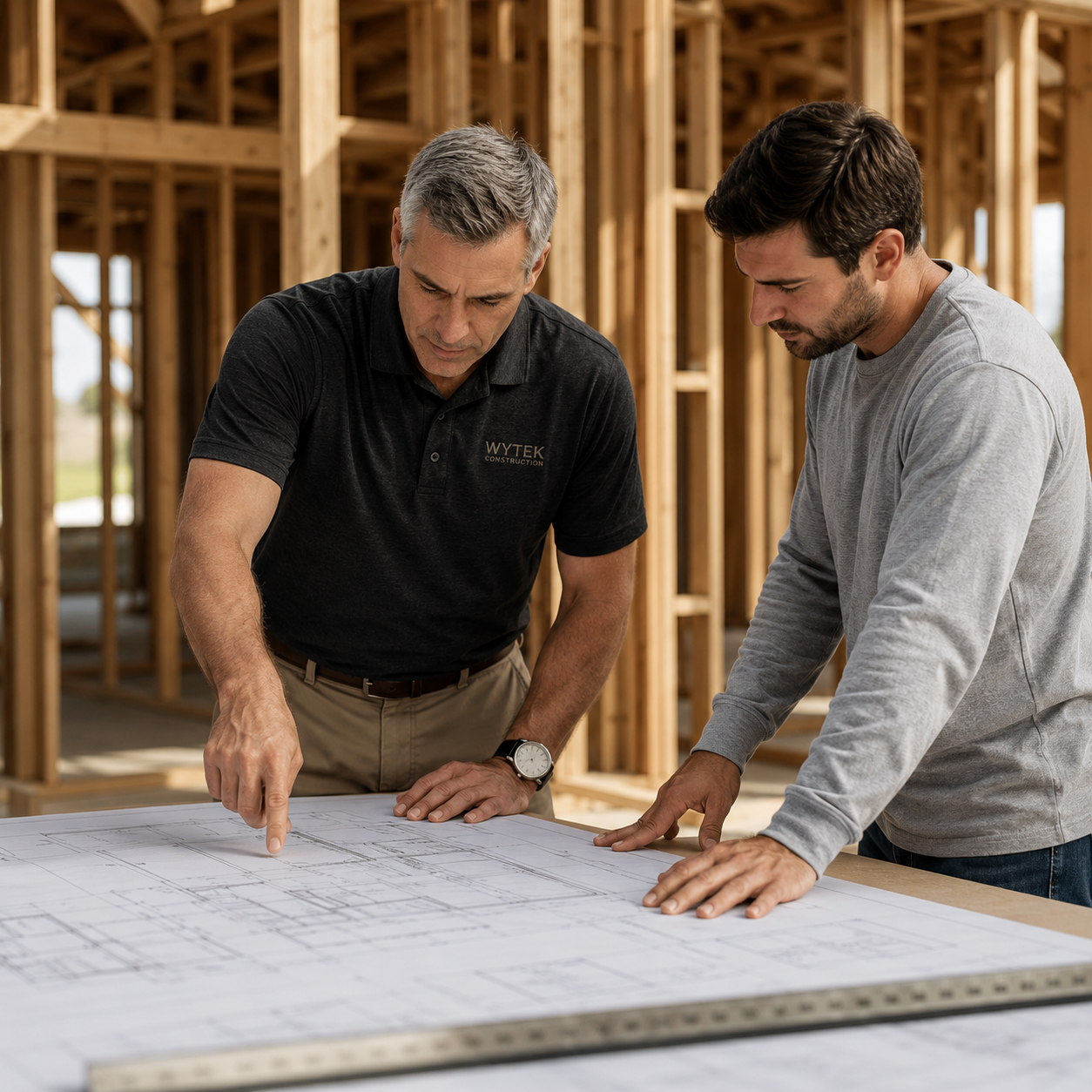 Wytek builder reviewing construction plans with a client during framing.