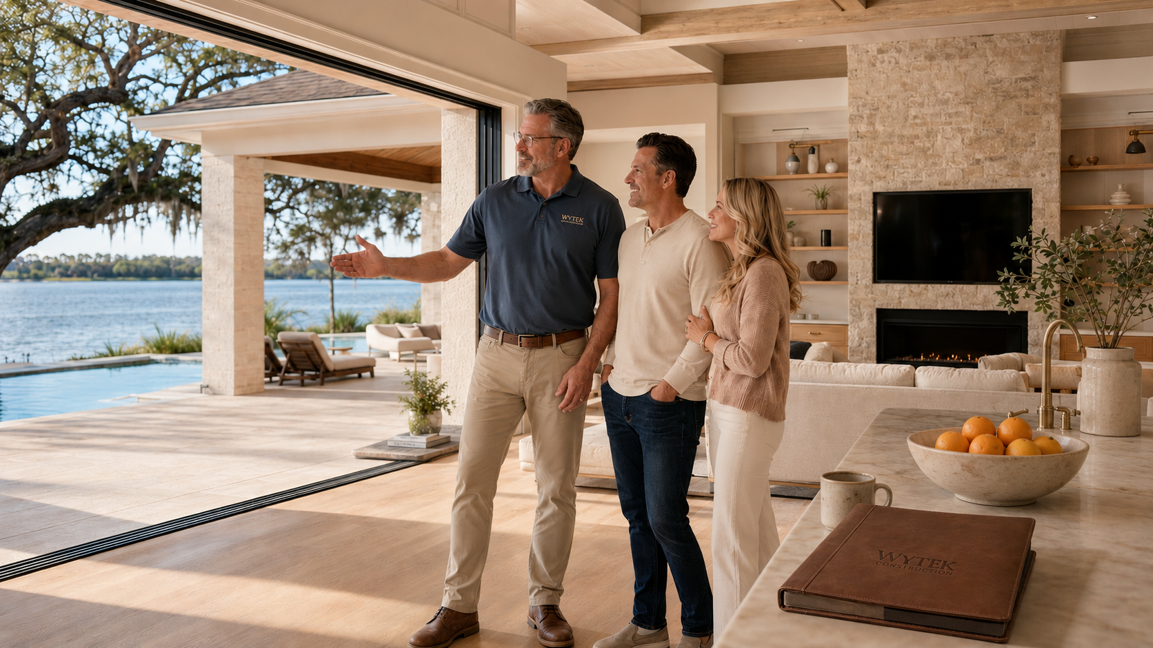 Builder walking clients through their Florida custom home during framing and construction.
