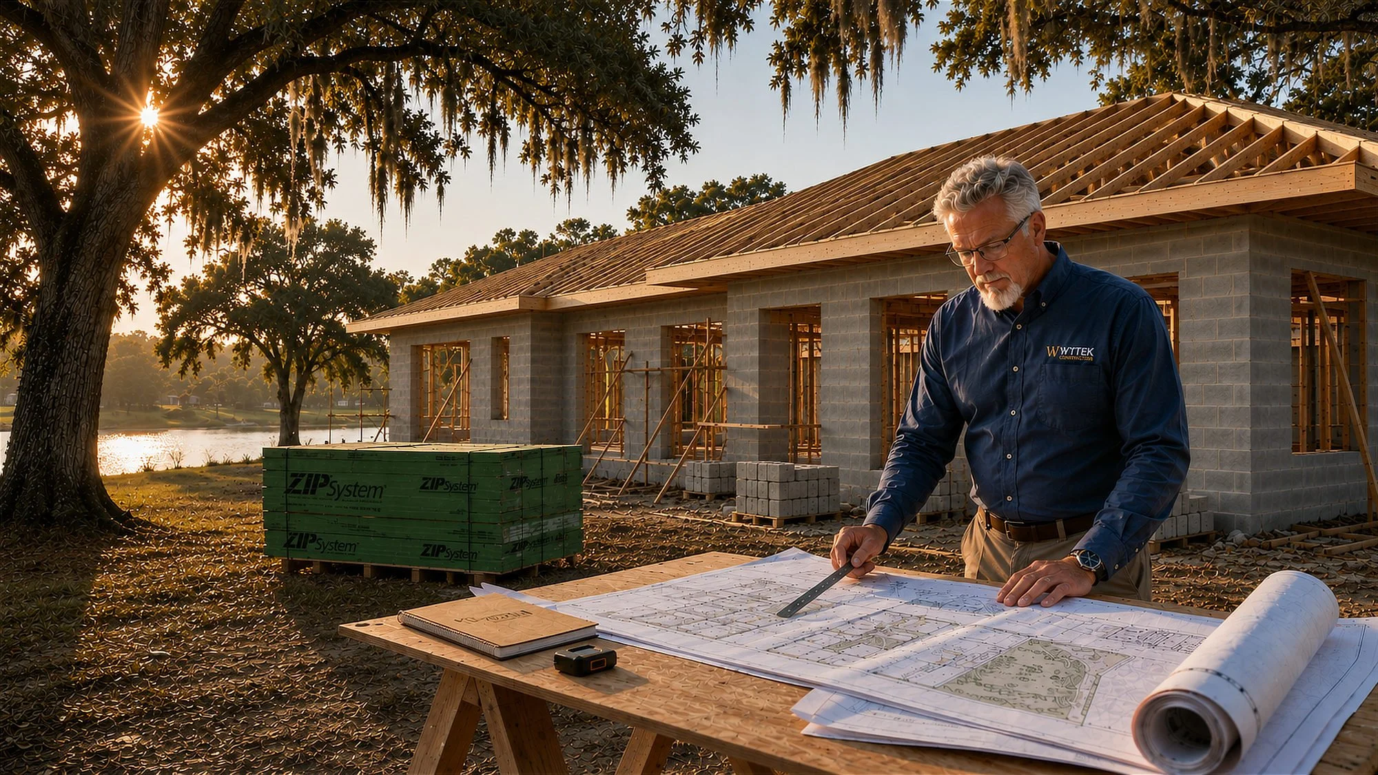 Custom home builder reviewing architectural plans at a Florida homesite during construction.
