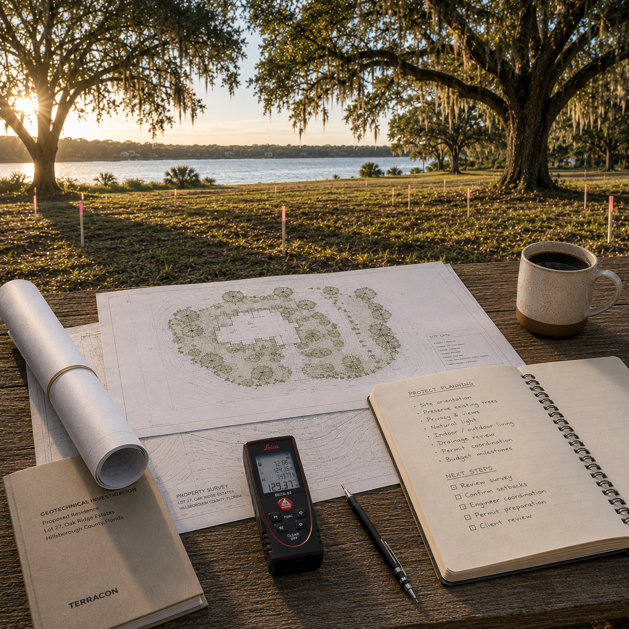 Architectural plans and site planning materials prepared for a custom home on a Florida waterfront property.