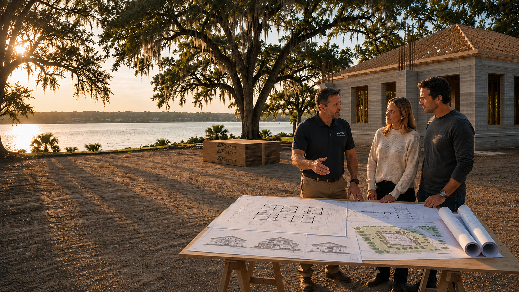 Three people reviewing house blueprints outdoors near a construction site by a lake during sunset, with a partially built house in the background and a large tree.
