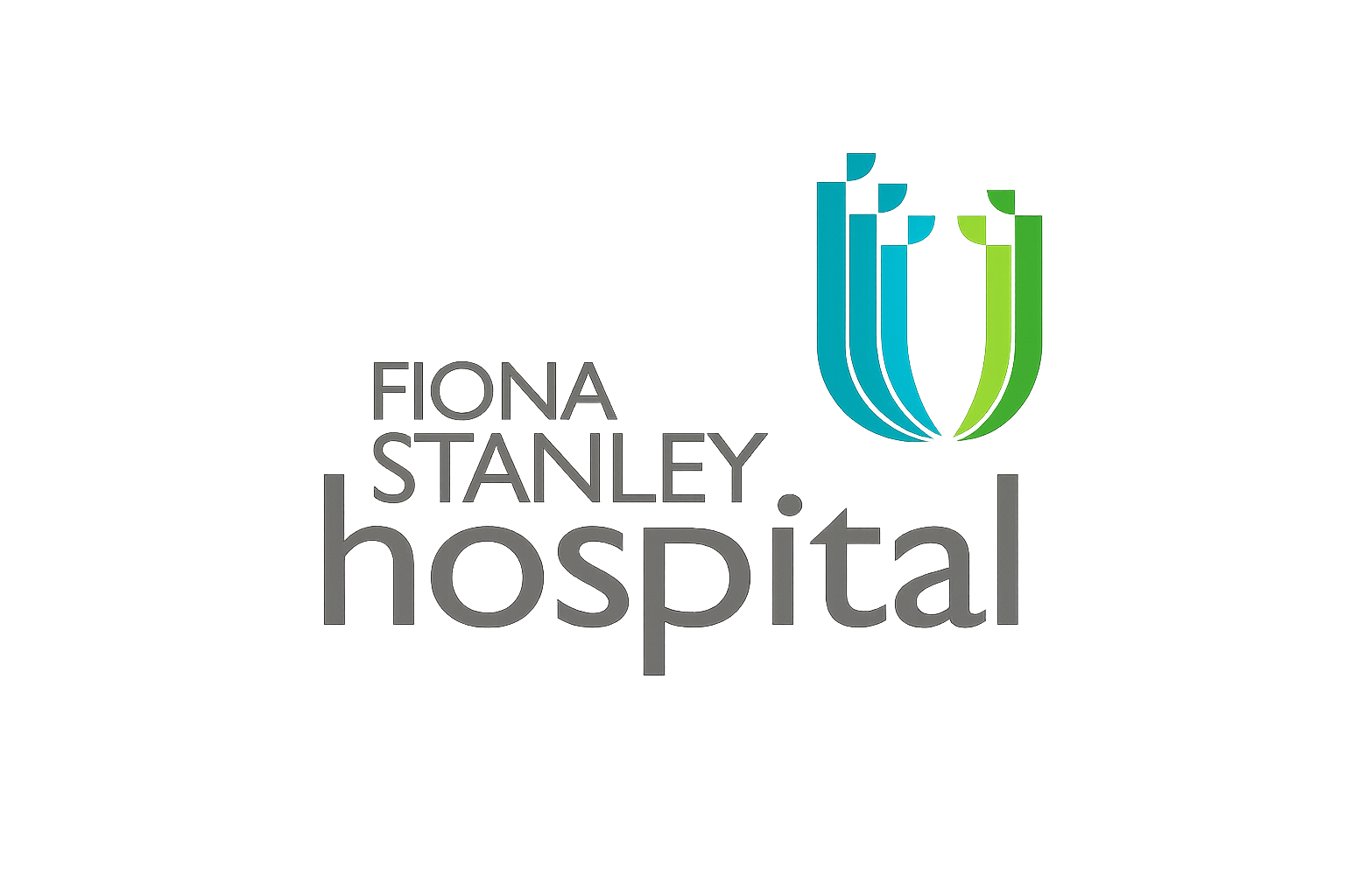 Colorful logo of Fiona Stanley Hospital with stylized 3D text and abstract shapes.