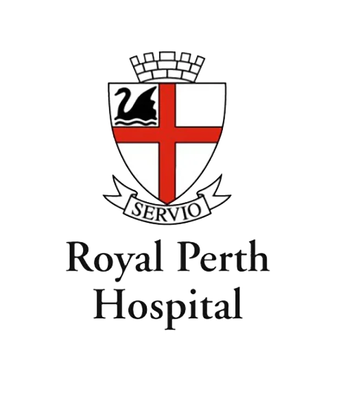 The logo of Royal Perth Hospital featuring a shield with a black swan and a red cross, a crown, and a banner with the word 'SERVIO'.