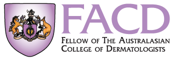 A logo with a shield, flanked by a unicorn and a kangaroo, accompanied by the text 'Fellow of The Australasian College of Dermatologists'.
