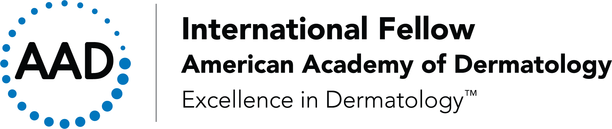 Logo of the American Academy of Dermatology featuring a circle of blue dots and acronyms 'AAD' with the text 'International Fellow American Academy of Dermatology Excellence in Dermatology'.
