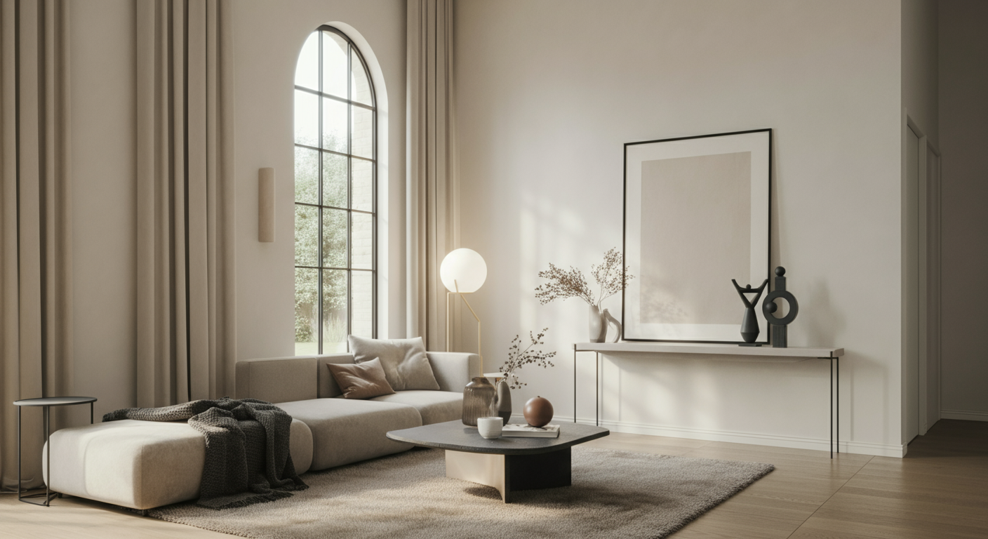 Minimalist living room with beige sectional sofa, large arched window, white walls, neutral decor, and abstract black sculptures on a white console table.