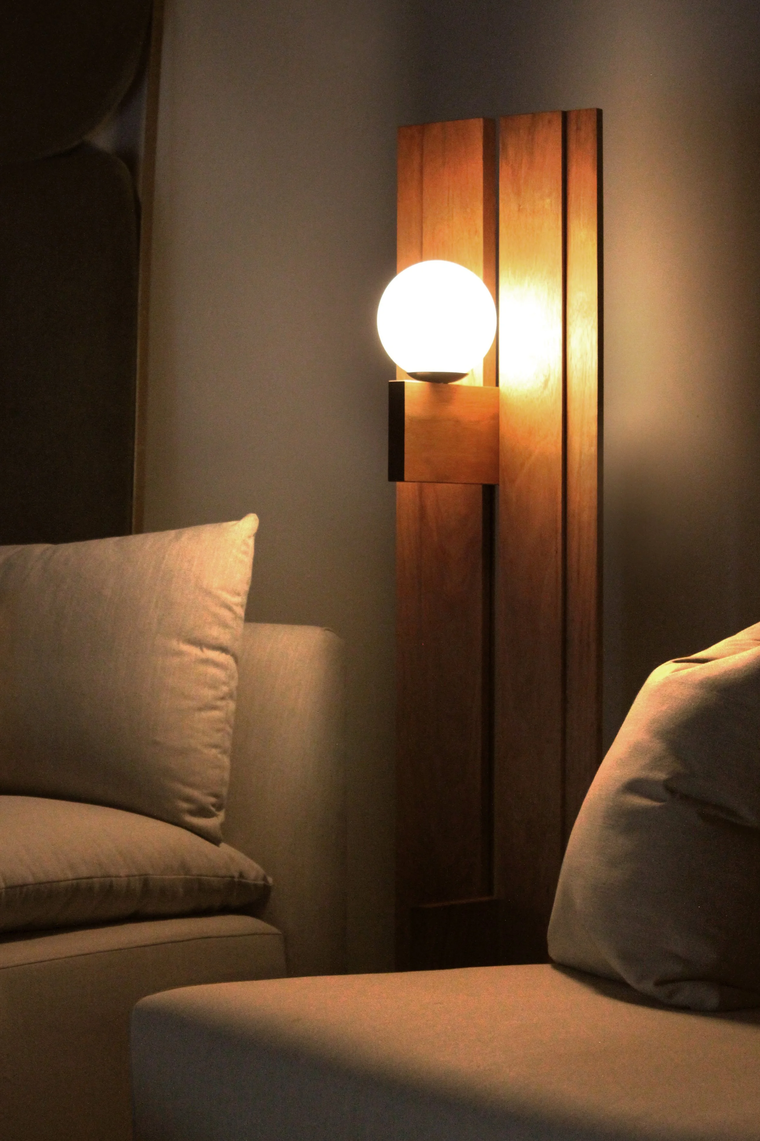 modern sculptural wooden floor standing lamp with glass opal