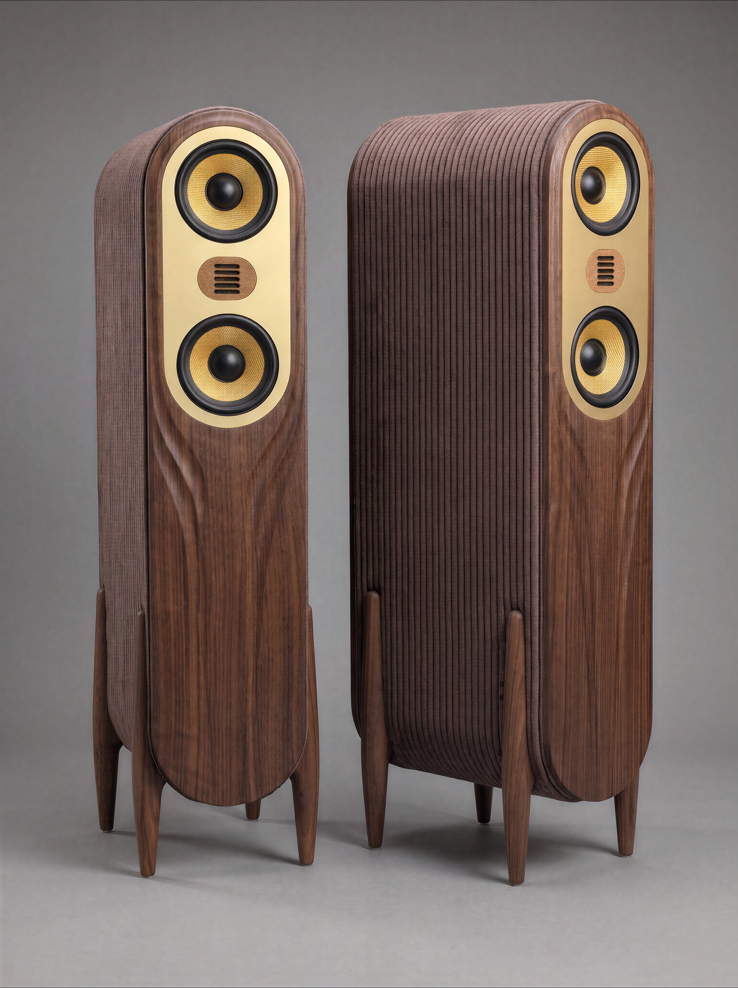 EMANATE Floor Standing  Speakers - Walnut & Brass w/ Dark Brown Corduroy