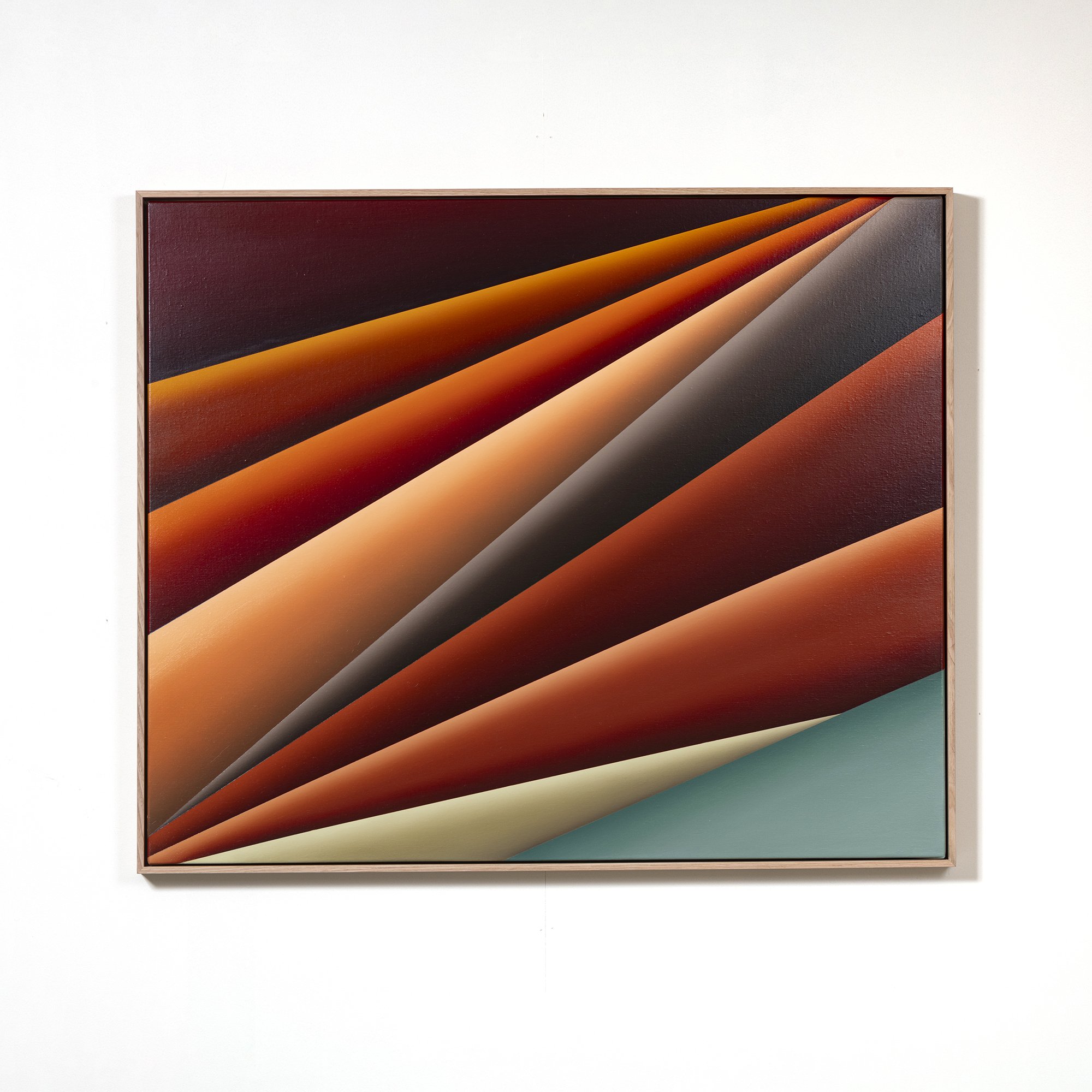 Abstract art piece with diagonal orange, brown, black, and teal shapes in a wooden frame.