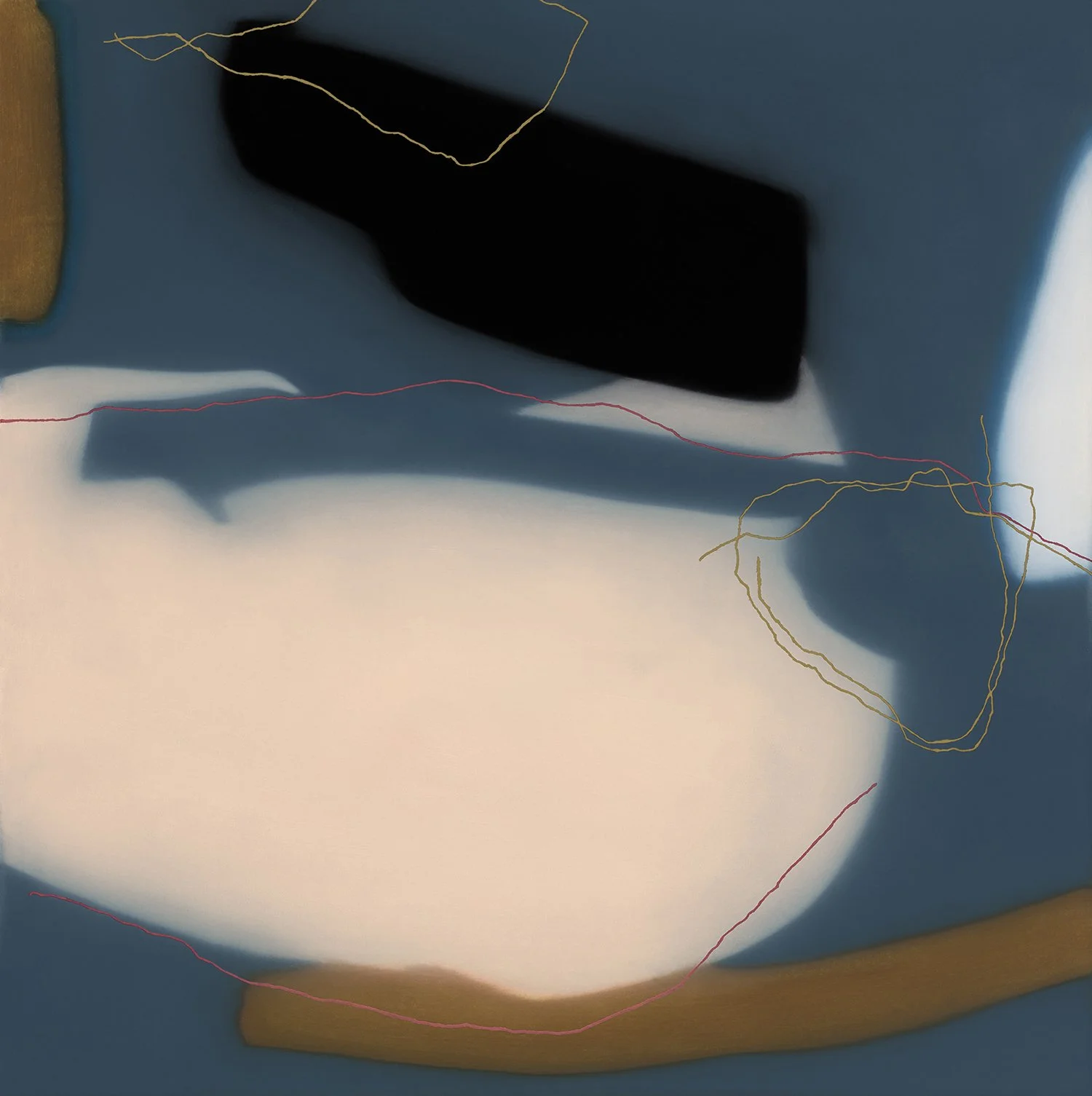 Abstract image with various shapes and colors, including a large white area, black, blue, and brown sections, and thin, winding lines in pink, yellow, and orange.