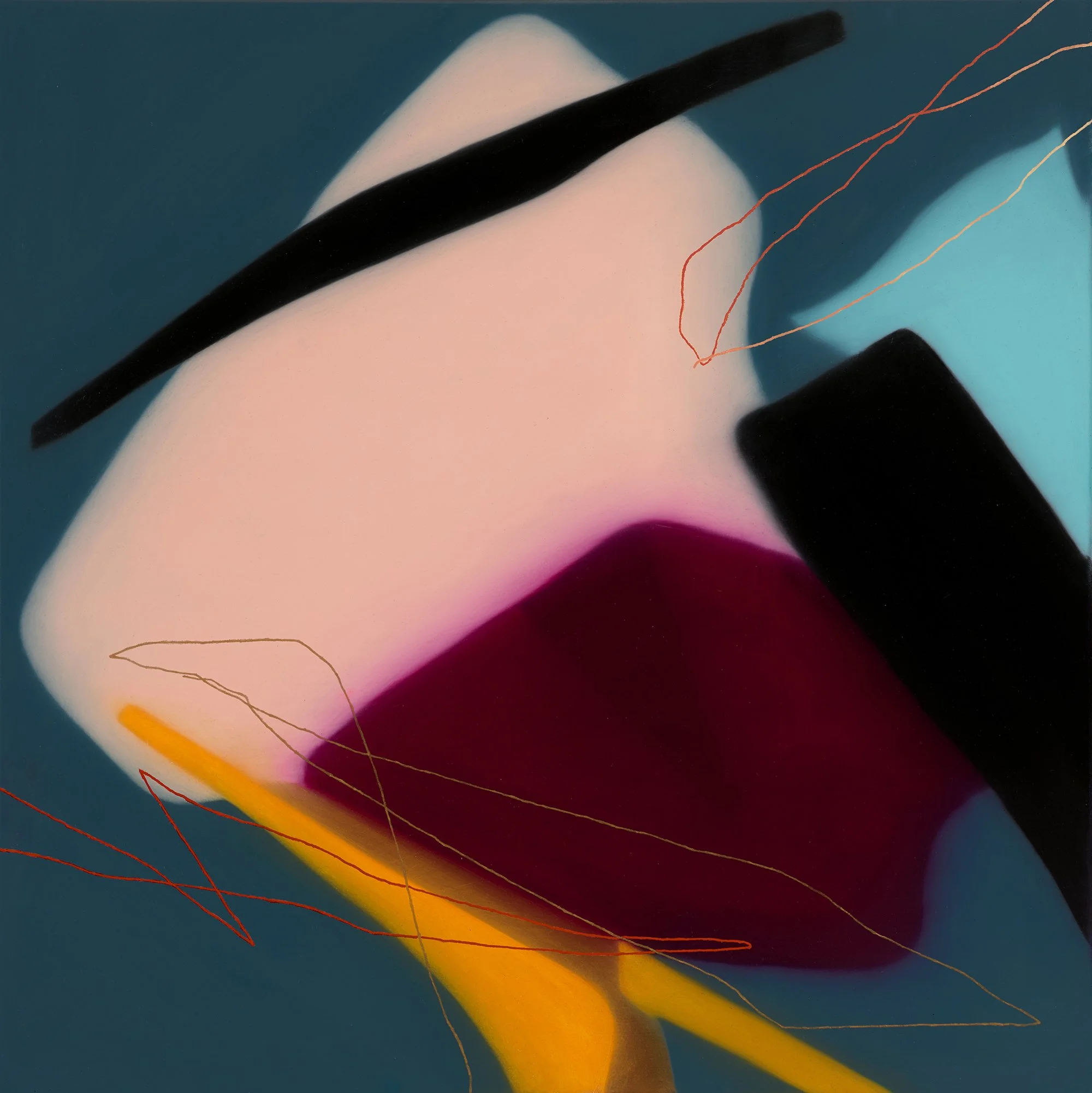 Abstract artwork featuring smooth shapes in black, white, pink, blue, purple, yellow, and orange, with thin red and orange lines overlaying the composition.