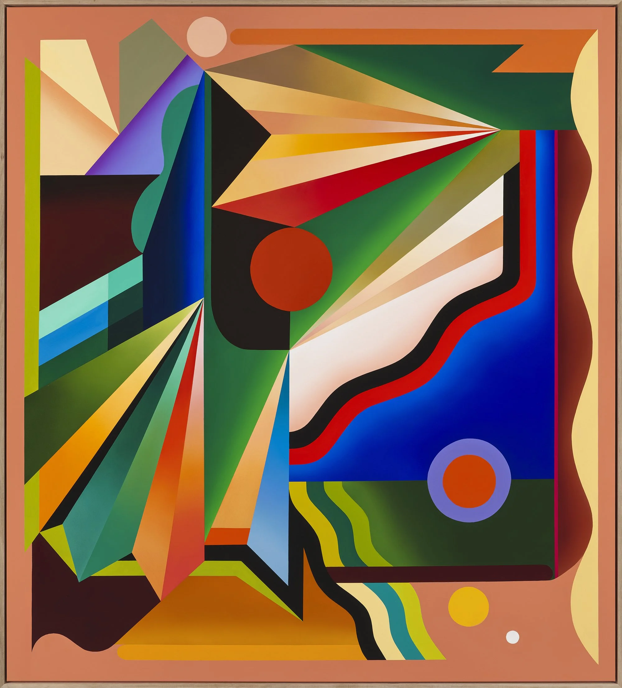 A colorful abstract geometric painting with various shapes, lines, and vibrant colors including red, green, blue, yellow, black, cream, and orange.