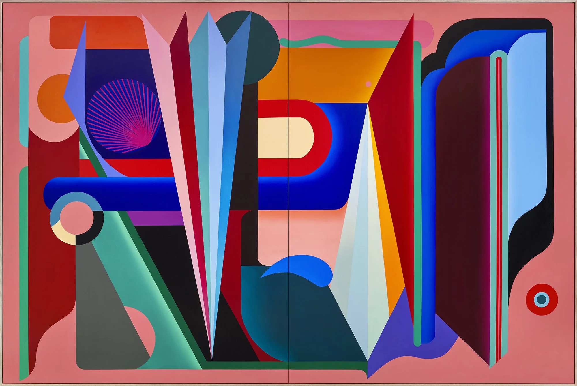 Colorful abstract geometric art with various shapes, lines, and vibrant colors, including blue, red, pink, green, black, and purple.