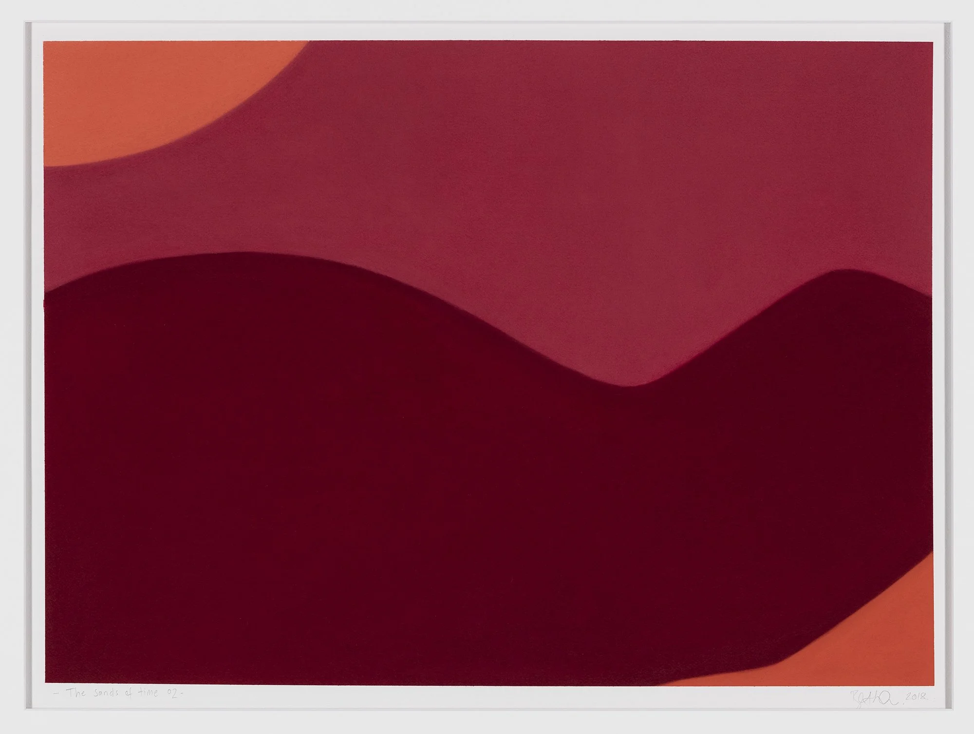 An abstract painting featuring flowing, curved shapes in shades of red, pink, and orange.